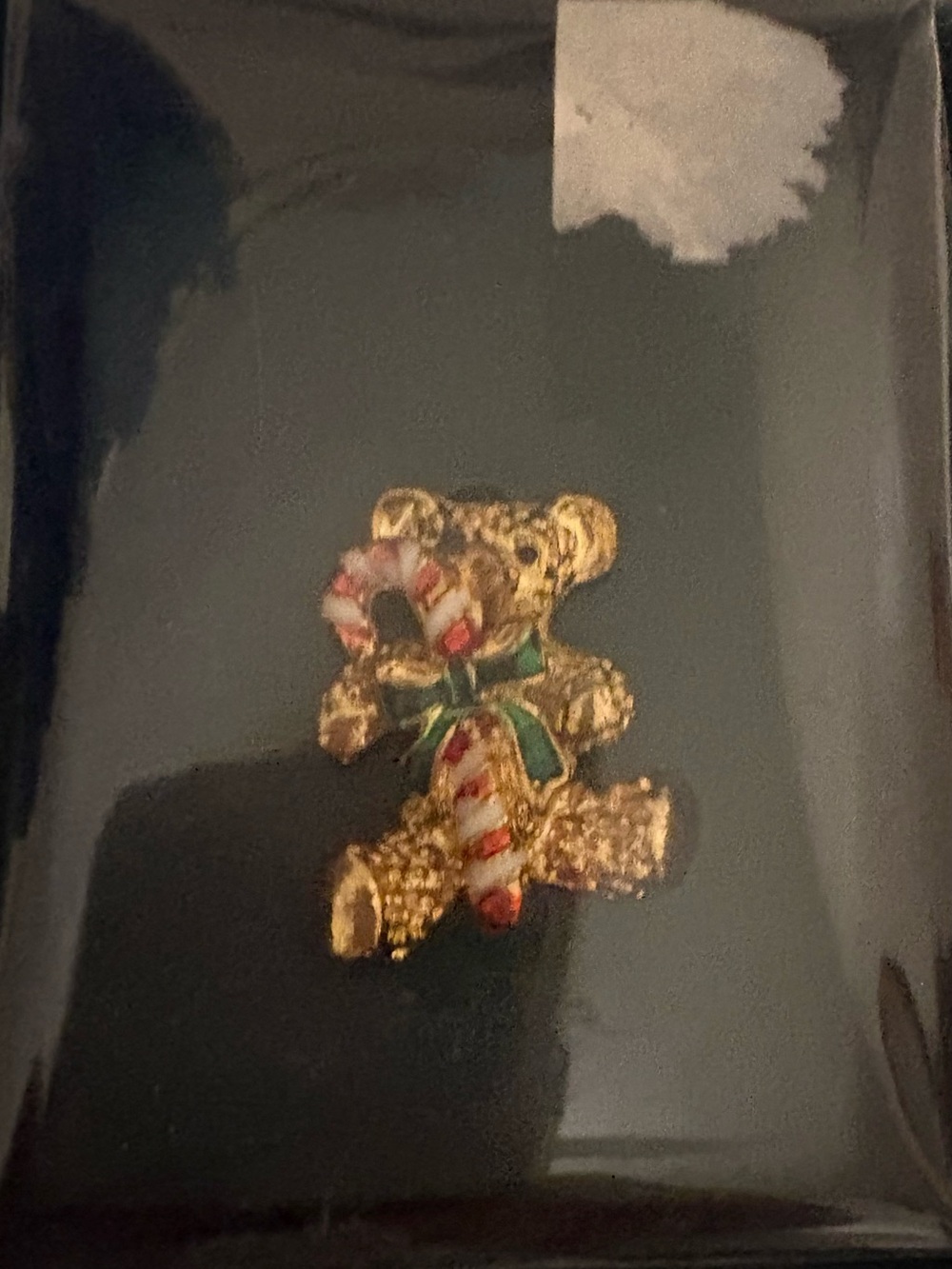 Gold Teddy Bear Holiday Accent with Green Ribbon and Candy Cane